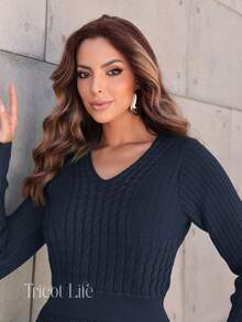 Elegant Women's Midi Knit Dress With Long Sleeves And Lace, Mermaid Style, Ideal For Winter Parties, Shapes The Body. - 藏蓝色 - 查看 6