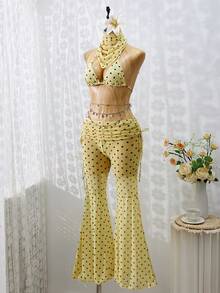 Bộ bikini nữ Xuân/Hè 2026, kiểu Pháp cổ điển chấm bi đen trắng, kết hợp với quần lưới ống rộng gợi cảm và thanh lịch, phụ kiện khăn trùm đầu thời trang, trang phục đi biển và đồ bơi dành cho nữ, thích hợp cho kỳ nghỉ biển và tiệc bể bơi. - Màu vàng - Xem 3