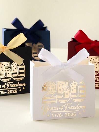 Bolsa de regalo conmemorativa del 250° Día de la Independencia, caja de recuerdos para la fiesta del 4 de julio, bolsa de papel con lazo rojo, blanco y azul para la celebración del festival de verano, diseño de lámina metálica patriótica, crea ambiente de fiesta