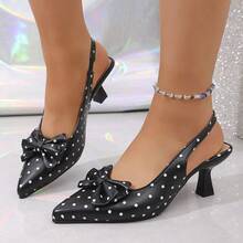 Teenagers' Solid Color Polka Dot Bow Pointed Toe Backless 6cm Stiletto Heel PU Soft Bottom High Heel Sandals, Suitable For Home, Dates, Campus, Parties, Vacation, Spring/Summer New Arrival - Black - View 9