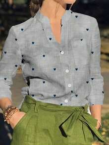 Camisa de mujer de manga larga con botones y bolsillos, con estampado romántico de corazones, adecuada para otoño, invierno y primavera - Gris - Ver 2