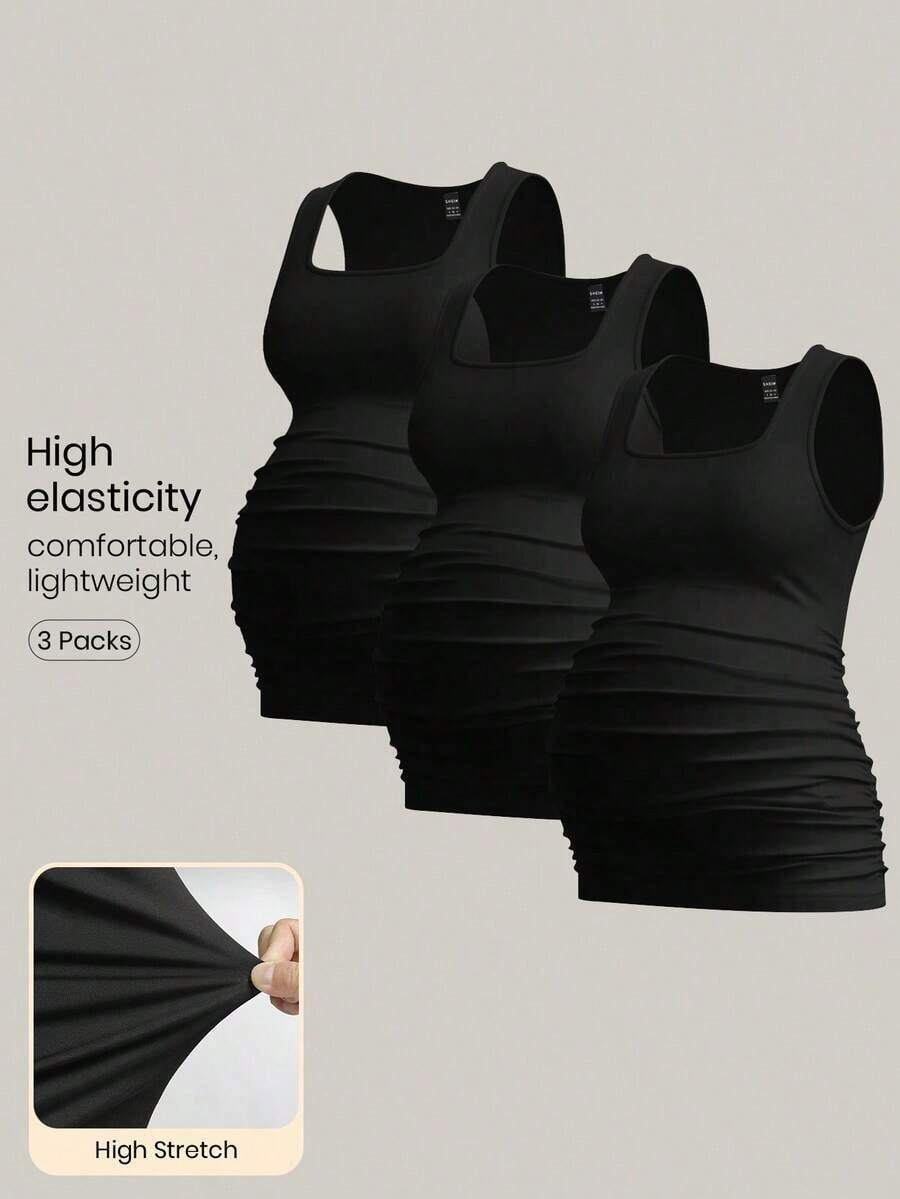 Modmama 3 piezas Tops sin mangas de unicolor para mujeres embarazadas, casuales y sencillos, perfectos para el verano - Negro - Ver 1
