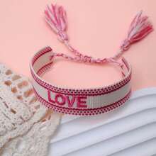1pc Embroidered Love Letter Boho Handmade Tassel Braided Bracelet - Hot Pink - View 5
