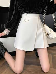 Casual Solid Color Asymmetric Wrap Skirt, Summer White - White - View 1