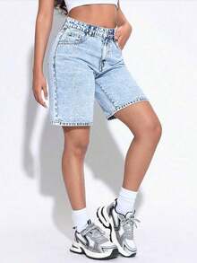 Women High Waist Bermuda Denim Shorts, Casual Loose Style Jeans Shorts Summer - Light Wash - View 6