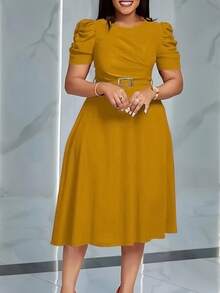 Elegant Midi Dress For Women, Puff Sleeve Belted A Line Dress, Work Office Wedding Guest Bridesmaid Dress, Modest Church Outfit, Plus Size - Màu vàng được phóng to - Xem 1