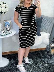 Vestido camisero casual de mujer con rayas, manga corta, cintura con cordón y bolsillos, elegante para el verano - Negro - Ver 8