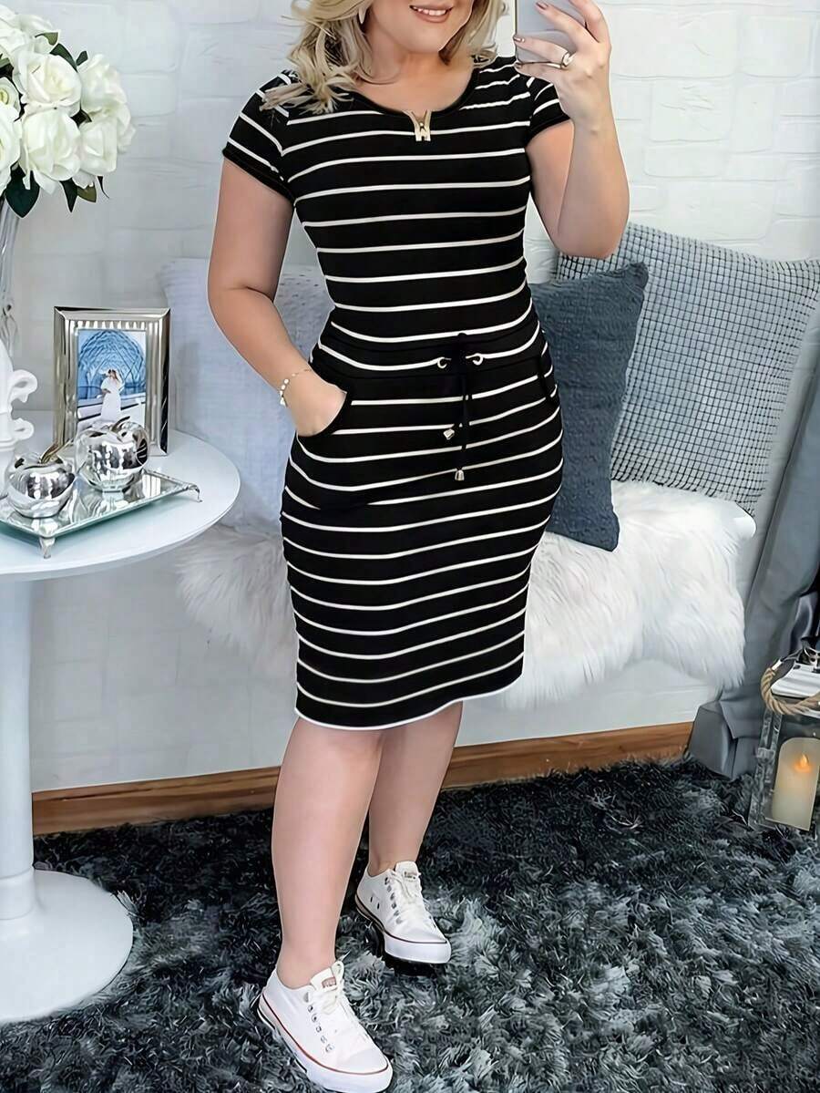 Vestido camisero casual de mujer con rayas, manga corta, cintura con cordón y bolsillos, elegante, color negro para verano - Negro - Ver 1