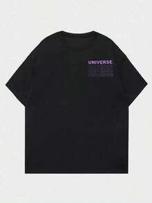 Premium Casual Unisex T-Shirts ROMWE MEN Street Life Spring/Summer Men's Casual Cotton Graphic T-Shirt With Planet And Slogan Print - 黑色 - 查看 2