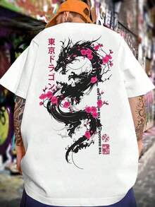 Camiseta para Hombre con Estampado de Dragón y Escritura Japonesa Estilo Y2K Casual - Blanco - Ver 10