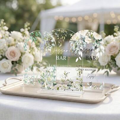 1/6pcs Acrylic Dessert Bar Sign With Eucalyptus Leaves, Suitable For Wedding Party Decoration, Elegant Clear Tabletop Decor, Buffet Station Signage, Event Accessories