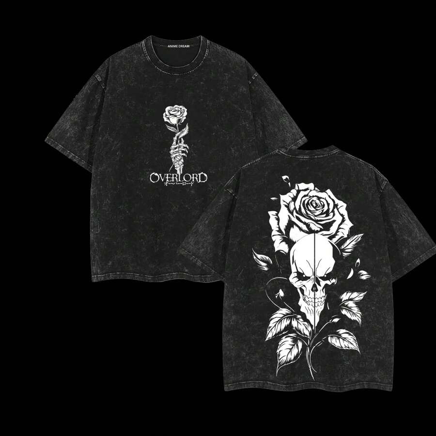Shalltear Bloodfallen - Overlord Anime Double Printed Vintage Washed Tee Unisex Oversize Anime Manga Washed Heavyweight Cotton-Shirt, Anime Fan, Anime Lover - 黑色 - 查看 1