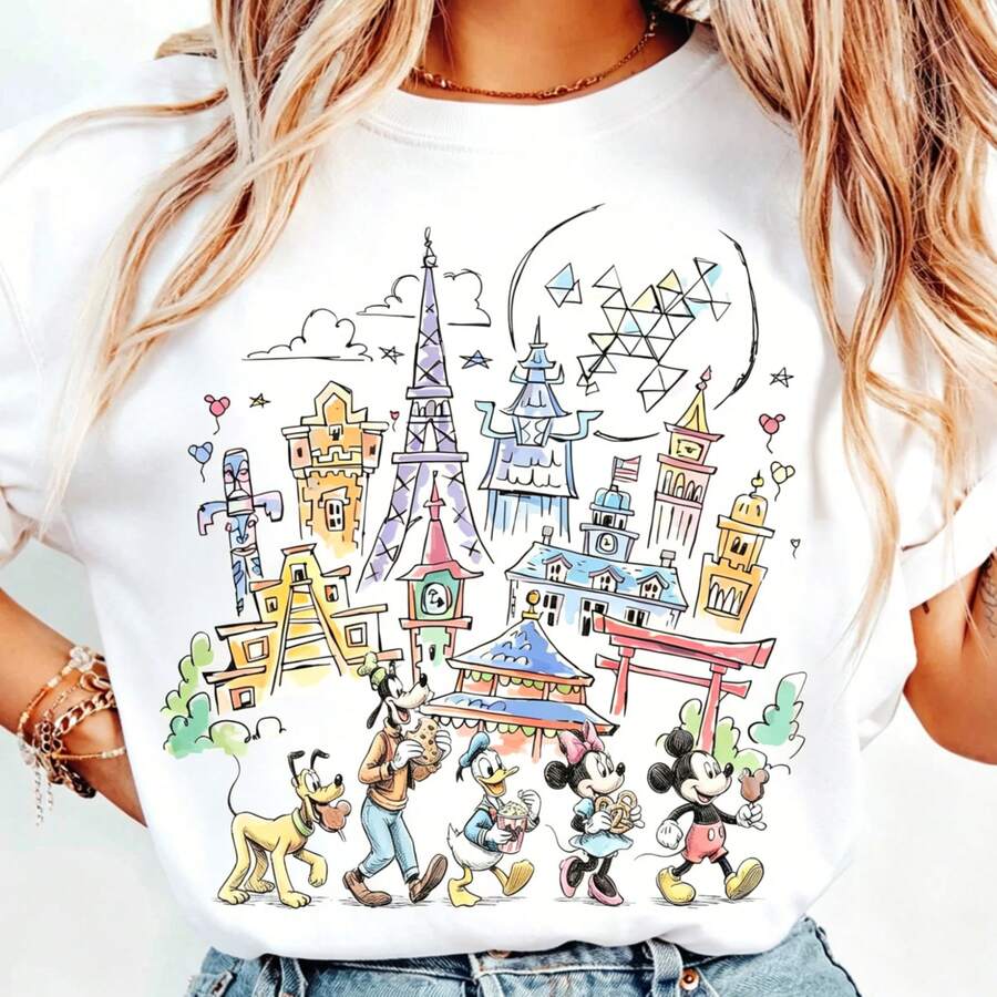 Disney Women's Mickey & Friends Disney Epcot Shirt, Epcot World Tour 2026 Tee, Disneyland Family Vacation Top, Snacks Drinking Around The World Casual Cotton T-Shirt - 白色 - 查看 1
