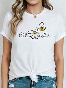 Soft And Comfortable Korean-Style T-Shirt, Casual Wear, Curvy Style, Bee Print, "Bee You" Design, Loose Fit For Women In Spring/Summer. Suitable For Nature Lovers, Emotional Comfort, Socializing At A Relaxed Pace, And Occasions For Self-Care. Short-Sleeved T-Shirt Suitable For Everyday Wear. Relaxed And Stretchy Fit, 100% Cotton, Breathable. - 白色 - 查看 7