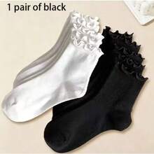 1/3/5 Pairs Women Cute Ruffle Trim Ankle Socks, Black & White Color, Polyester & Spandex Blend, Machine Washable - Multicolor - View 5