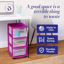 Drawer Tower 3-Tier Clear Plastic Storage Organizer Cart Purple Frame - Rolling Drawer Containers With Wheels For Bathroom Bedroom Office And Classroom Organization - 紫色 - 查看 6