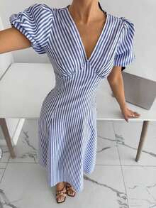 Vestido de mujer elegante y de moda de longitud media con cuello en V a rayas - Azul y blanco - Ver 4