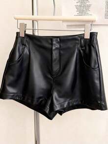 Pantalones cortos plisados de unicolor de piel de PU para mujer, estilo casual y de oficina - Negro - Ver 3