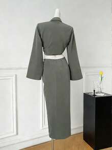 Conjunto de 2 piezas de top corto anudado con sensación de lino y falda con abertura en color verde oliva para mujer - gris verdoso - Ver 7