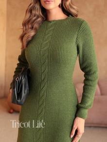 Women's Midi Dress In Mousse Knit, Long Sleeves With Braided Detail, Fitted Waist, Elegant, Winter, Premium, Casual, Party, Work, Travel - 軍綠色 - 查看 3