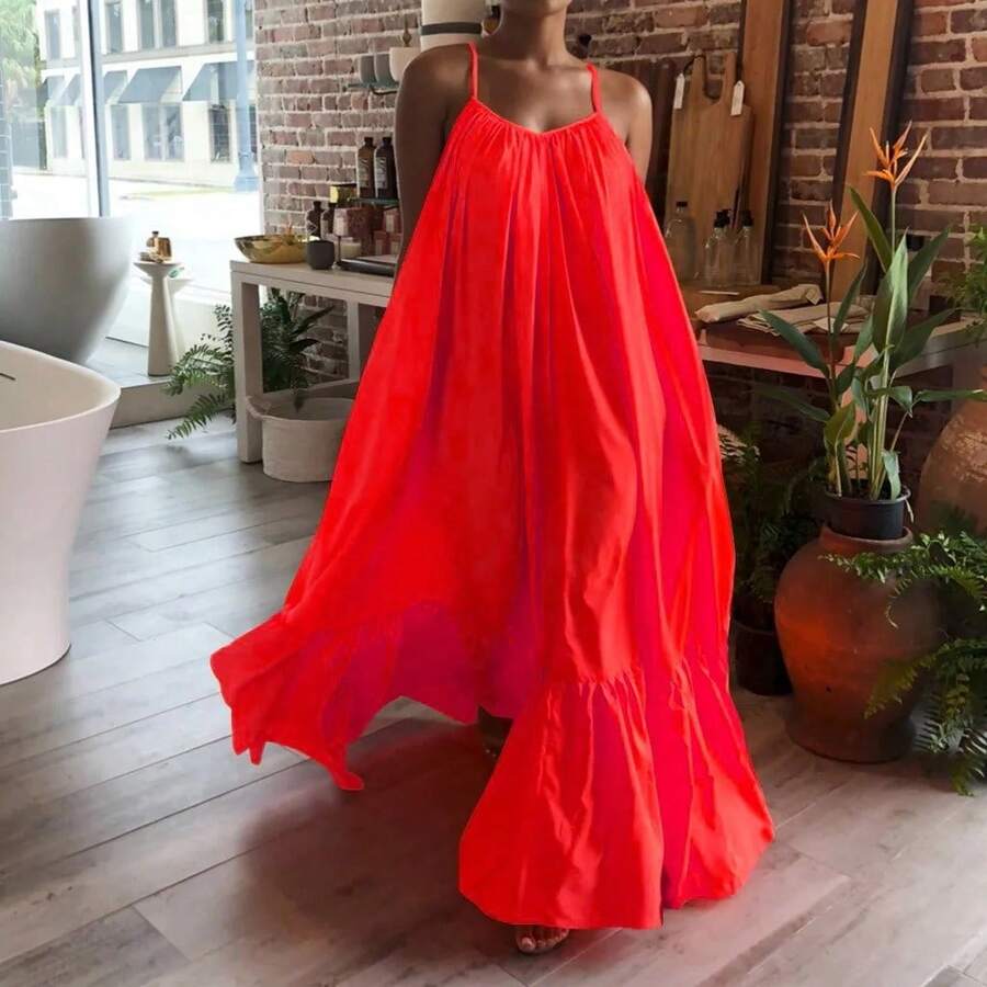 Vestido de primavera para mujer, vestido Sexy de tirantes lisos con bolsillo, suelto, sin espalda, vestidos grandes con vuelo, vestidos de vacaciones para mujer, invitados de boda - Naranja - Ver 1