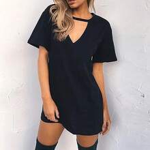 Vestido elegante sexi envolvente con escote en V profundo, vestido suelto recortado para mujer, Mini vestido de manga corta de Color sólido, Vestidos de fiesta para discoteca - Negro - Ver 5