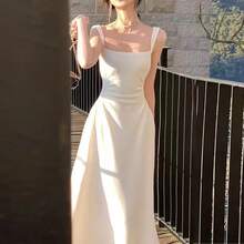 2025Vestido nuevo de verano con forro blanco para mujer, vestido de tirantes francés con diseño adelgazante que se ajusta a la cintura. - Blanco - Ver 1