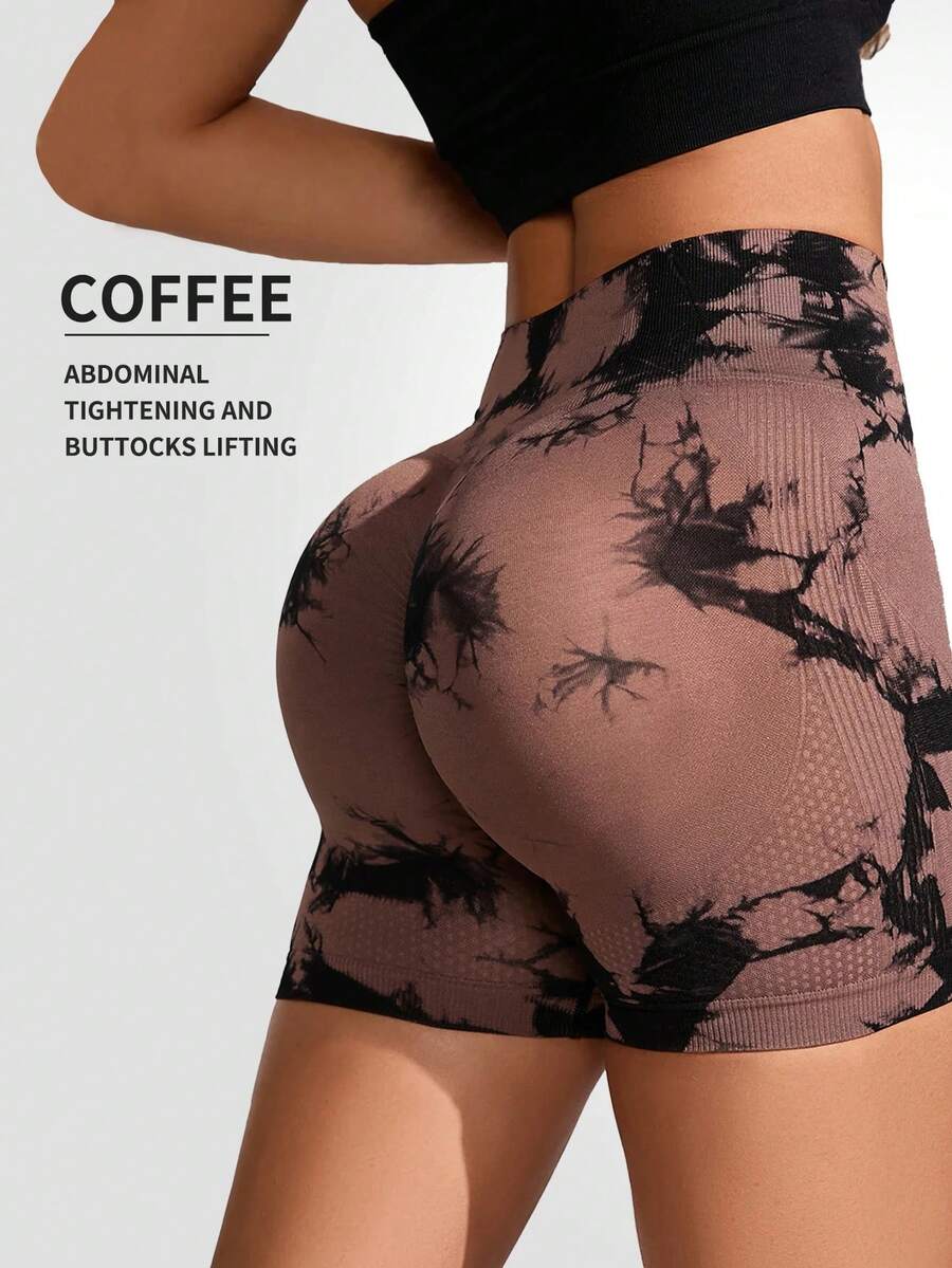 CZGUKE Pantalones deportivos de alta elasticidad para mujer, pantalones cortos ajustados para ciclismo, ejercicio, yoga, pantalones cortos transpirables de cintura alta, conjunto de 3 piezas - Marrón - Ver 1