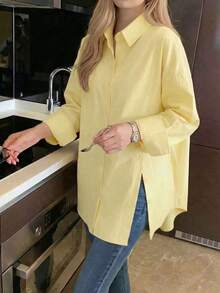 Women's Long-Sleeved Blouse With Lapel, Single Button Closure, And Casual Style For Everyday Wear, In A Solid Color - Yellow - View 3