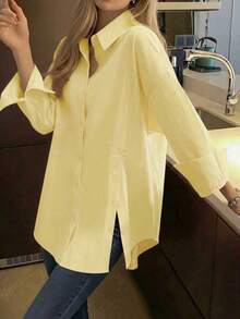 Women's Long-Sleeved Blouse With Lapel, Single Button Closure, And Casual Style For Everyday Wear, In A Solid Color - Yellow - View 6