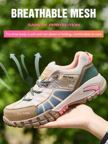 Women's Work Safety Shoes With Plastic Steel Toe, Kevlar Anti-Smash Anti-Puncture Insulated Soft Air Cushion Sole Lightweight Breathable Upper Safety Shoes - Pink - View 9