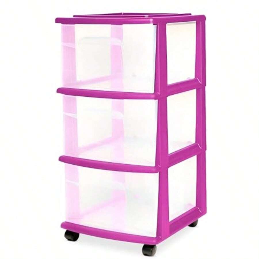 Drawer Tower 3-Tier Clear Plastic Storage Organizer Cart Purple Frame - Rolling Drawer Containers With Wheels For Bathroom Bedroom Office And Classroom Organization - 紫色 - 查看 1
