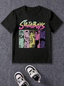 Mattel K-POP S AJA BOYS Colorful Character Collage Pattern 100% Cotton T-Shirts For Boys, New Summer Collection, Casual Outing And Sports, Comfortable, Skin-Friendly, Breathable, Fashionable And Versatile, Perfect For Wearing Alone Or Layering, Best Gift For Boys - 黑色 - 查看 2