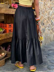 1pc Solid Color Minimalist Long Skirt, New Arrival Spring/Summer Outfit For Dates - Black - View 2