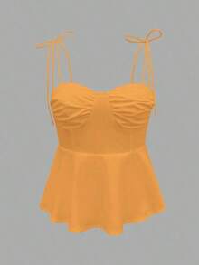 1 pieza Blusa casual sin mangas con volantes en el bajo, Elegante top tubo minimalista francés de color blanco puro, Camiseta sin mangas ajustada para vacaciones y viajes, Ligera camiseta con lazo delantero, Ropa exterior sexy tipo babydoll que acentúa las curvas, Primavera/Verano/Otoño - Amarillo mostaza 22 - Ver 4
