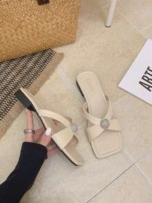 1 đôi sandal đế vuông thấp màu đen hồng dành cho nữ, kiểu dáng thanh lịch thường ngày, thoải mái, thời trang mùa xuân/hè, đa năng. - Màu be - Xem 3