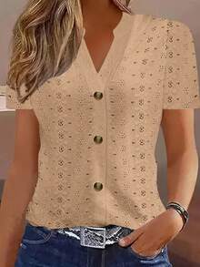 Tops Y2k, blusa informal de verano para mujer, Tops de manga corta con botones y cuello en V, blusas elegantes a la moda, camisas informales holgadas de colores sólidos - XF7780 Caqui - Ver 1