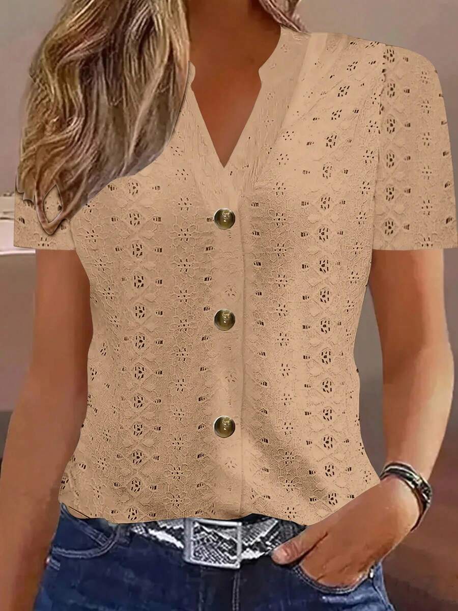 Tops Y2k, blusa informal de verano para mujer, Tops de manga corta con botones y cuello en V, blusas elegantes a la moda, camisas informales holgadas de colores sólidos - XF7780 Caqui - Ver 1