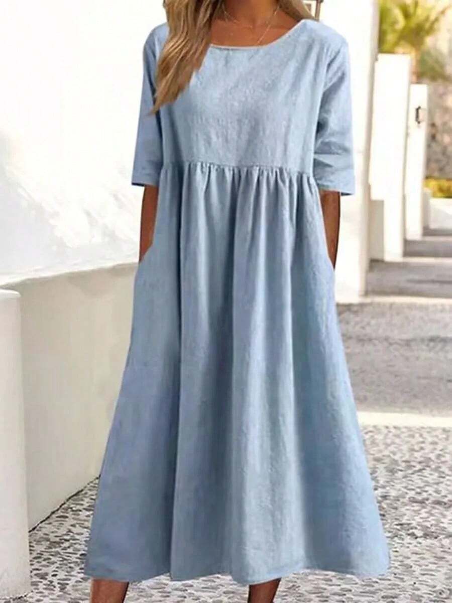 Novedad de verano, vestido informal de algodón y lino de manga corta con bolsillo y cuello redondo suelto para mujer 300 - azul claro - Ver 1