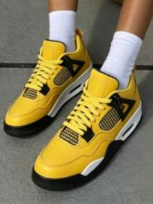 Men's High-Top Sneakers, Paris Saint-Germain Retro Basketball Shoes, Bright Yellow Sneakers, Breathable Mesh Shoes, Air Cushion Sneakers, Streetwear Sneakers, Non-Slip Basketball Shoes, Men's Fashion Footwear, Performance Sneakers, Iconic Design Shoes - 電母2 - 查看 3
