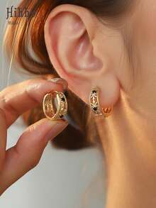Hihho 1 Đôi bông tai hình tròn rỗng màu đen đính đá Zirconia, thiết kế hoa văn cổ điển bằng đồng, phụ kiện thanh lịch và thời trang, thích hợp làm quà tặng dịp lễ. - Nhiều màu - Xem 2