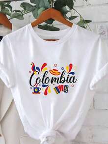 1 pieza de camiseta estilo colombiano con motivos de guacamayos, sombreros de paja, acordeones y tazas de café, estampado, cuello redondo para mujer, camiseta de manga corta para primavera/verano, 180g, 100% algodón. - Blanco - Ver 6