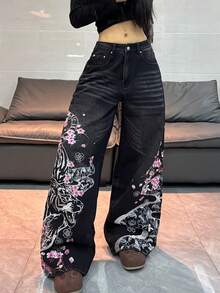 1 pieza Jeans anchos de mezclilla con bordado desgastado y ajuste holgado de estilo casual para mujer, pantalones versátiles de estilo callejero estadounidense para todas las estaciones (cinturón/accesorios no incluidos) Negro - Negro - Ver 4