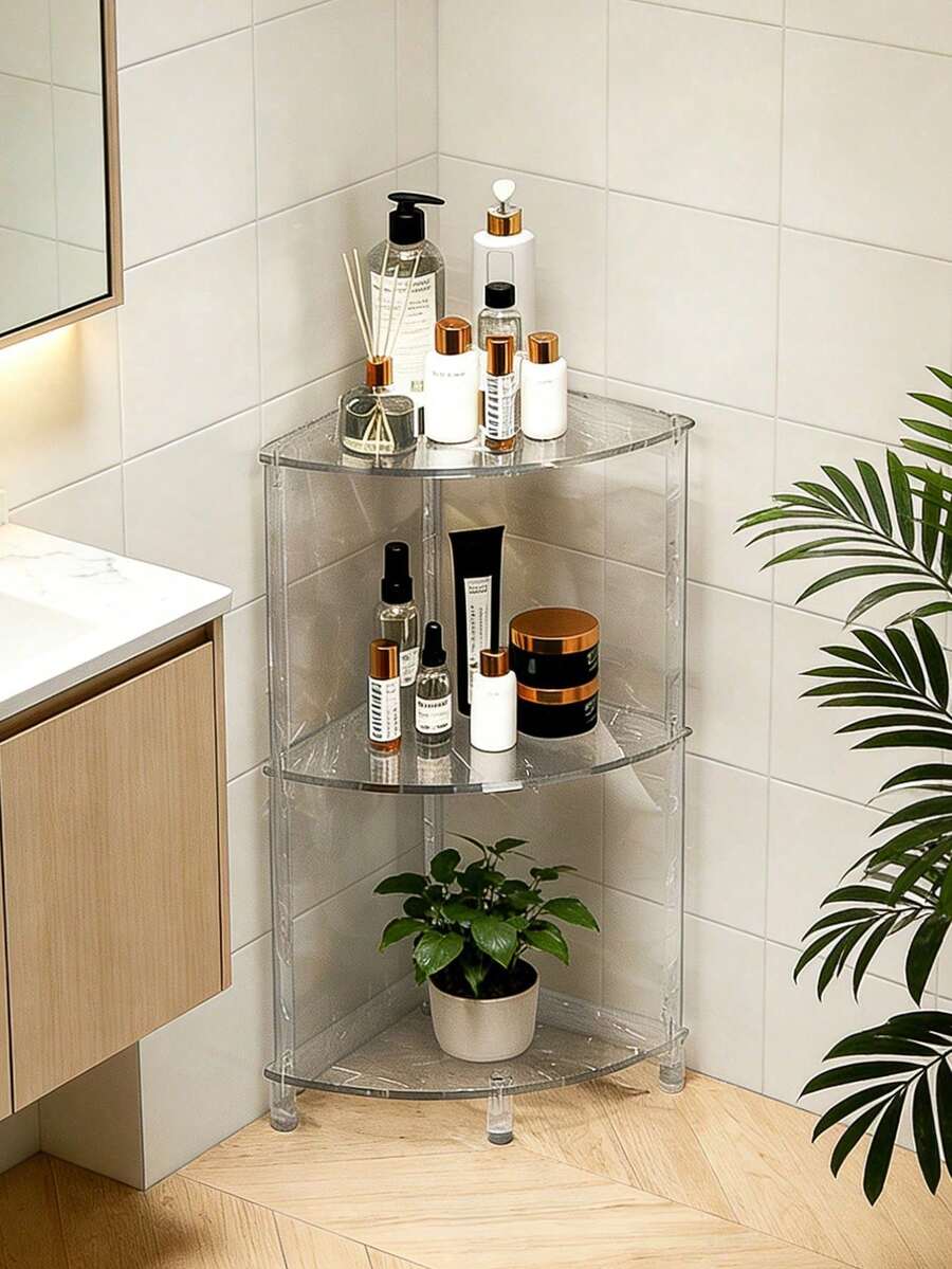 1pc Transparent Shelving Unit, Vertical Storage Rack, Triangular Side Table, Multi-Functional Open Storage Shelf, Bathroom Vanity Organizer, Made Of Acrylic, Creative Minimalist Side Table, Luxurious Ins Style Storage Rack, 2/3/4 Tier Corner Shelf, Easy Assembly, Sturdy Load Bearing, Space Saving, Suitable For Living Room, Bedroom, Sofa Side, Balcony Storage And Display, Can Be Placed In Corners, Kitchen - Transparent - View 1
