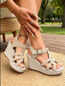 New Summer Platform Wedge Sandals, Thick Sole Waterproof Elevated Slimming Shoes - Apricot - View 2
