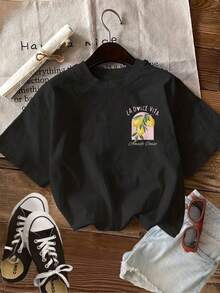 Summer Tops [Double-Sided Print] Women's Top In Fresh Watercolor Style With Lemon Branches And Leaves Print LA DOLCE VITA Short-Sleeve Crew Neck Pure Cotton T-Shirt [Ling K] Cotton T-Shirt - Black - View 3