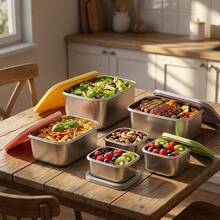 304 Stainless Steel Food Container, Stackable Refrigerator Sealed Fresh-Keeping Box, Fruit And Vegetable Meat Storage Box With Lid, Large Capacity Food Preservation Box, Suitable For Kitchen Food Storage And Organization - Multicolor - View 3