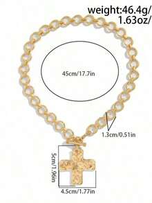 1Pcs Hammered Thick Cross Necklace Set, Suitable For Both Men And Women, Chunky Chain Necklace, Oversized Pendant Necklace, Vintage Chain Pendant Beads. - Gold - View 6