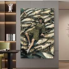 Enmarcado Lienzo impreso plano 2D  - Niña en medio de un mar de peces, decoración de pared original para el hogar, oficina, bar, cafetería, aula, dormitorio, baño - Ideal para el Día del Padre, 4 de julio, graduación, Día de los Caídos, decoración con temática de peces - Enmarcado - Ver 3
