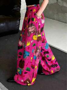 anchos de mujer con estampado de dibujos animados, pantalones casuales sueltos de primavera - Rosa Fucsia - Ver 4